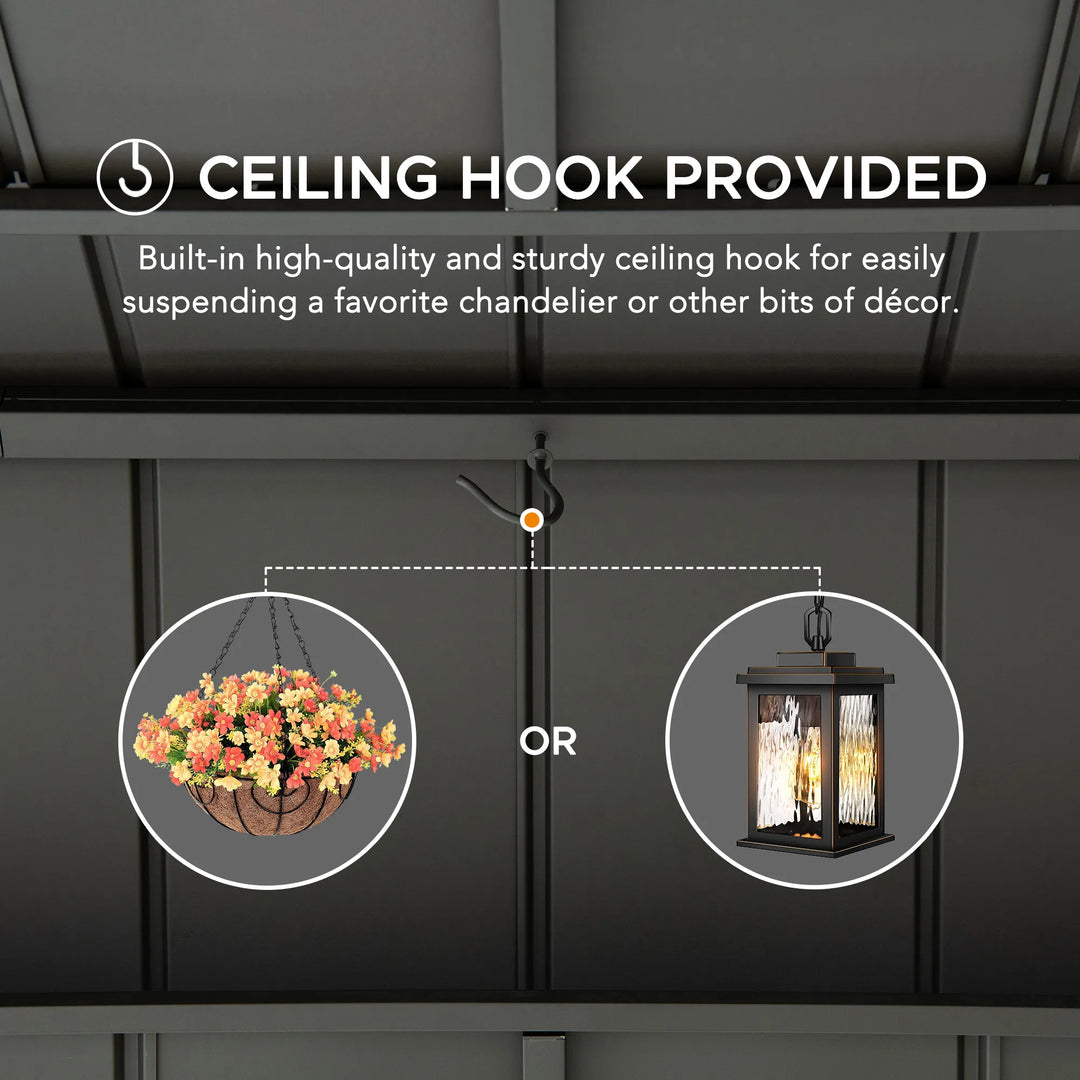 Ceiling hook feature with illustrations of hanging decor on a dark ceiling.