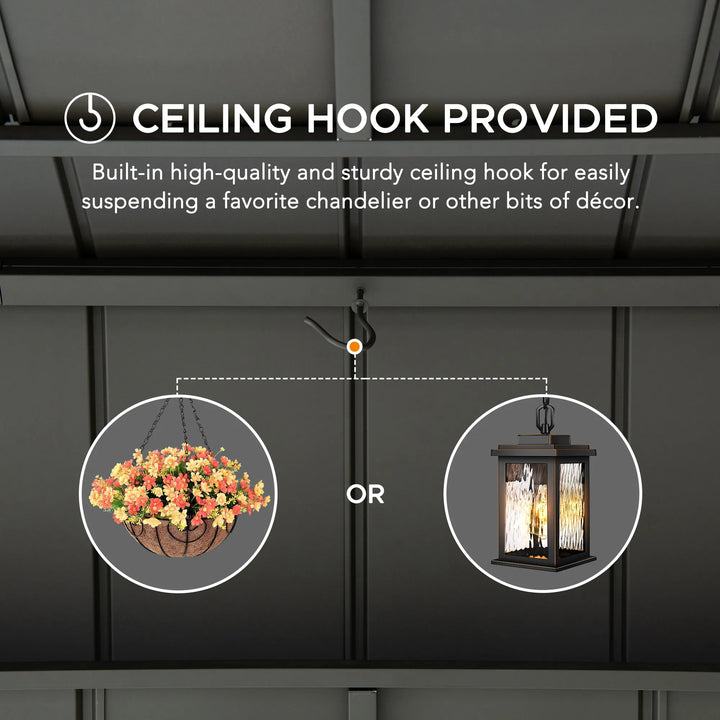 Ceiling hook feature with illustrations of hanging decor on a dark ceiling.
