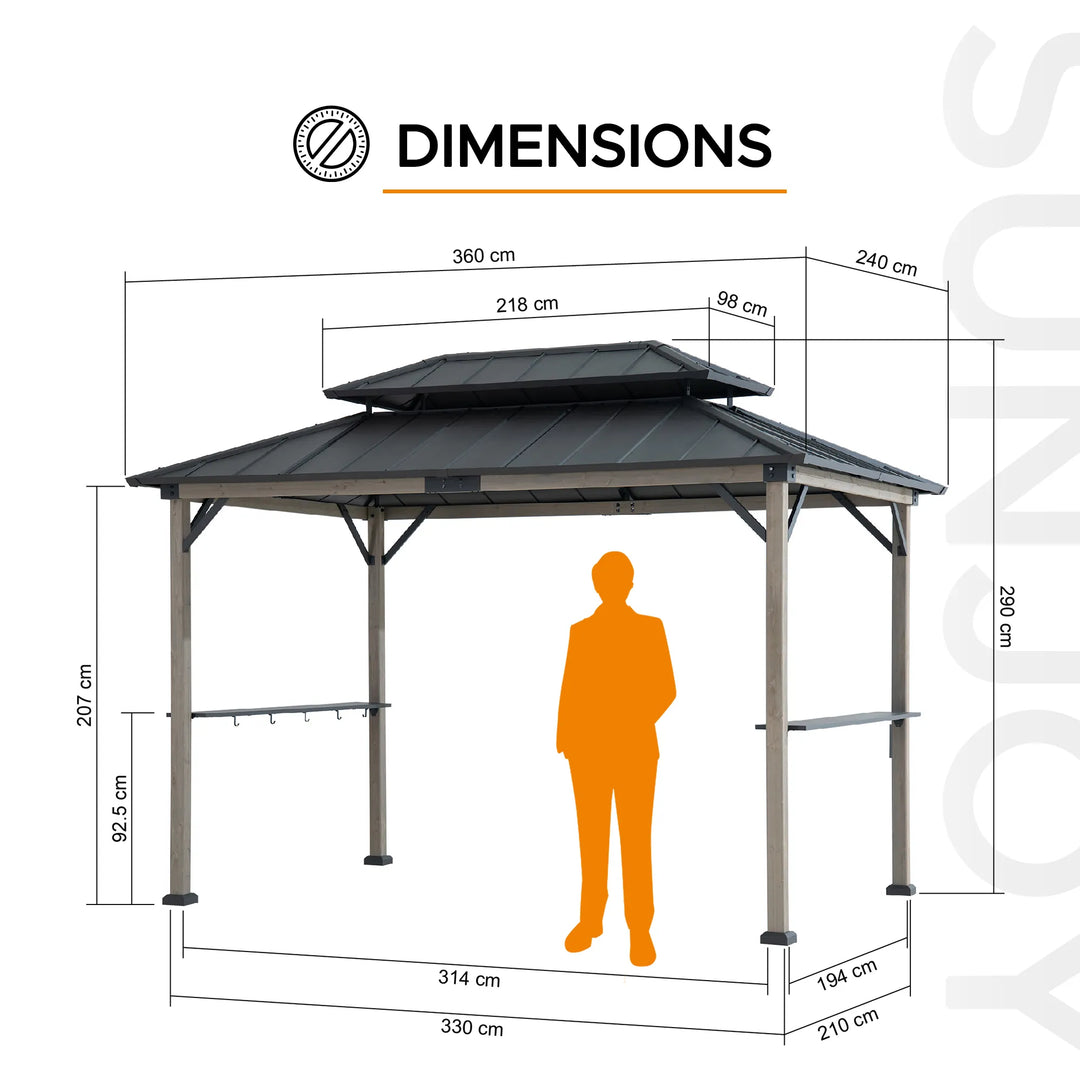 Garden gazebo with dimensions shown, including a person silhouette for scale.