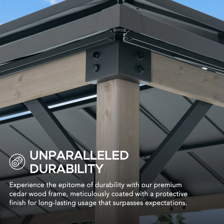 Wooden gazebo structure with metal brackets and text highlighting durability.