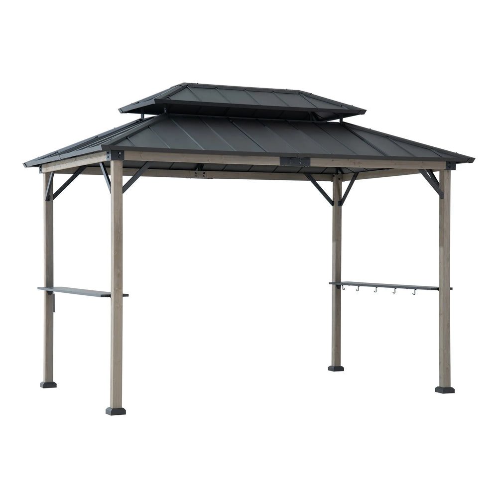 Outdoor gazebo with a roof and metal frame on a white background