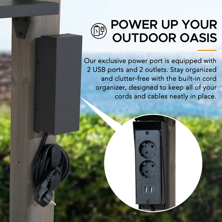 Outdoor power port with USB ports and outlets, featuring text about organizing cords.