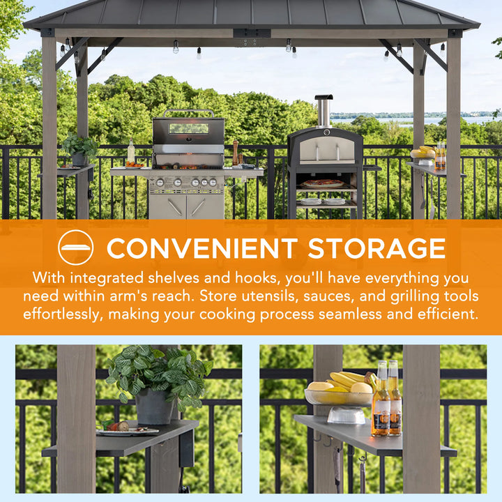 Outdoor gazebo with grill and storage shelves on a deck, surrounded by greenery.