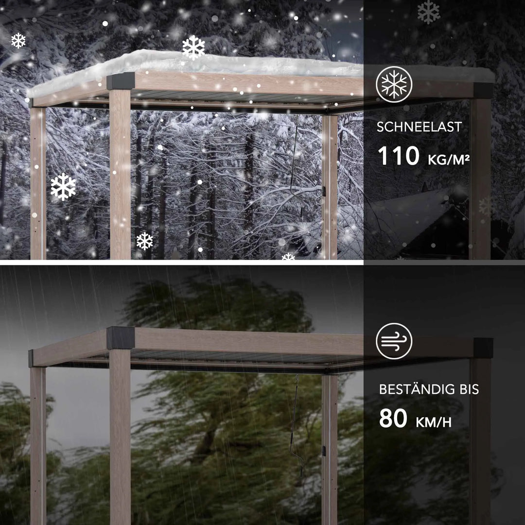 Matterhorn Lamellenpergola mit Solar-LED-Leuchten &amp; Entwässerungssystem – 306 × 306 cm, Holzoptik