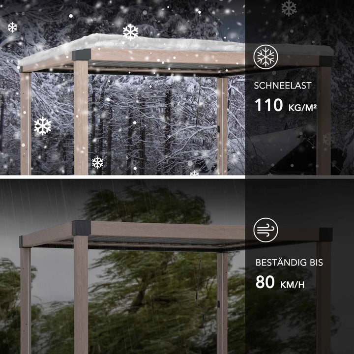 Matterhorn Lamellenpergola mit Solar-LED-Leuchten &amp; Entwässerungssystem – 306 × 306 cm, Holzoptik