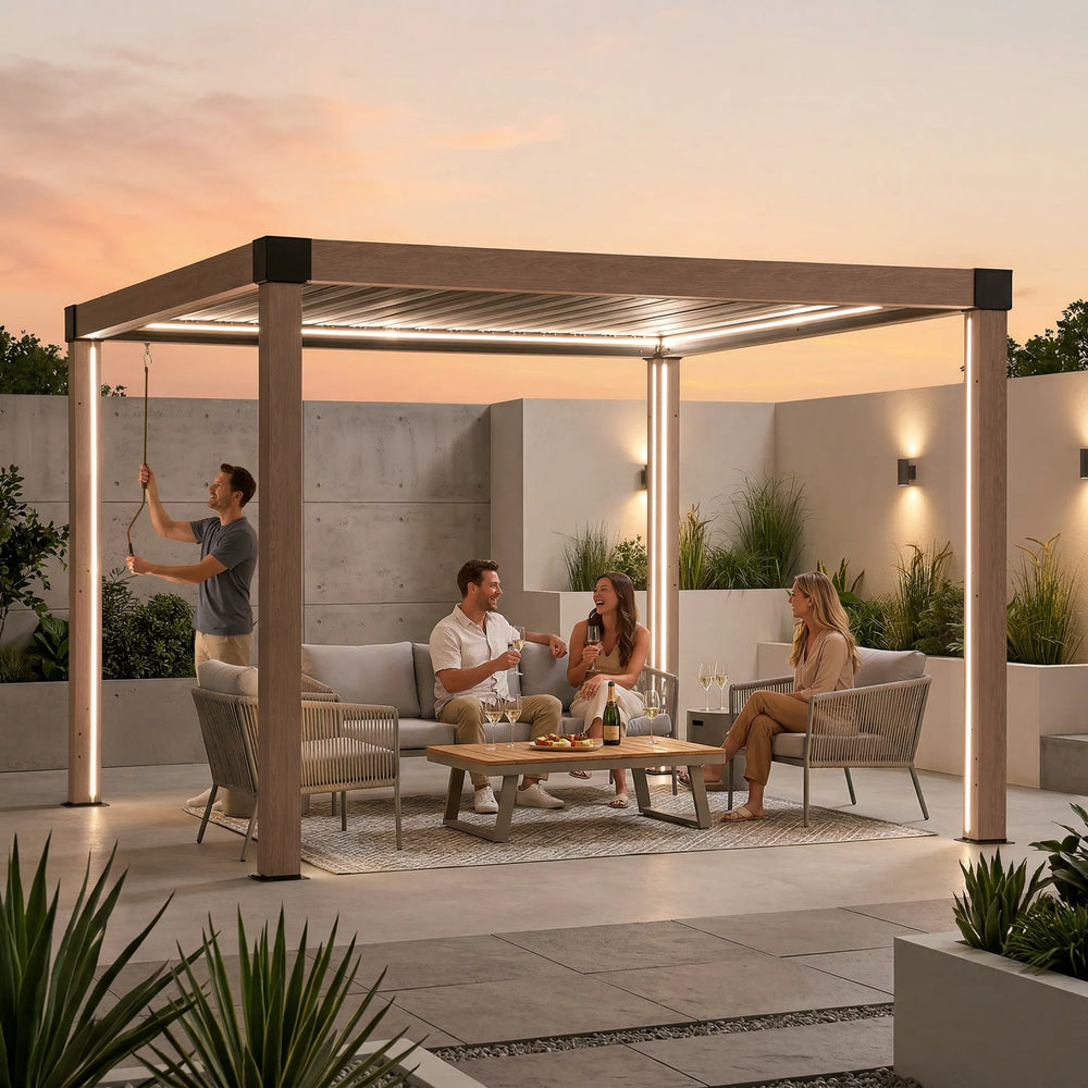 MATTERHORN Solar Light Louvered Pergola 306cm x 306cm - Woodgrain