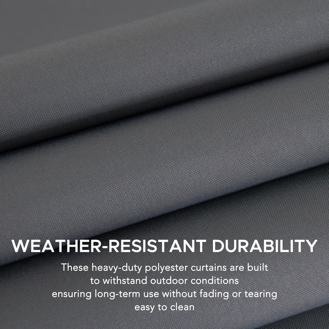 Dark gray fabric with text about weather-resistant durability