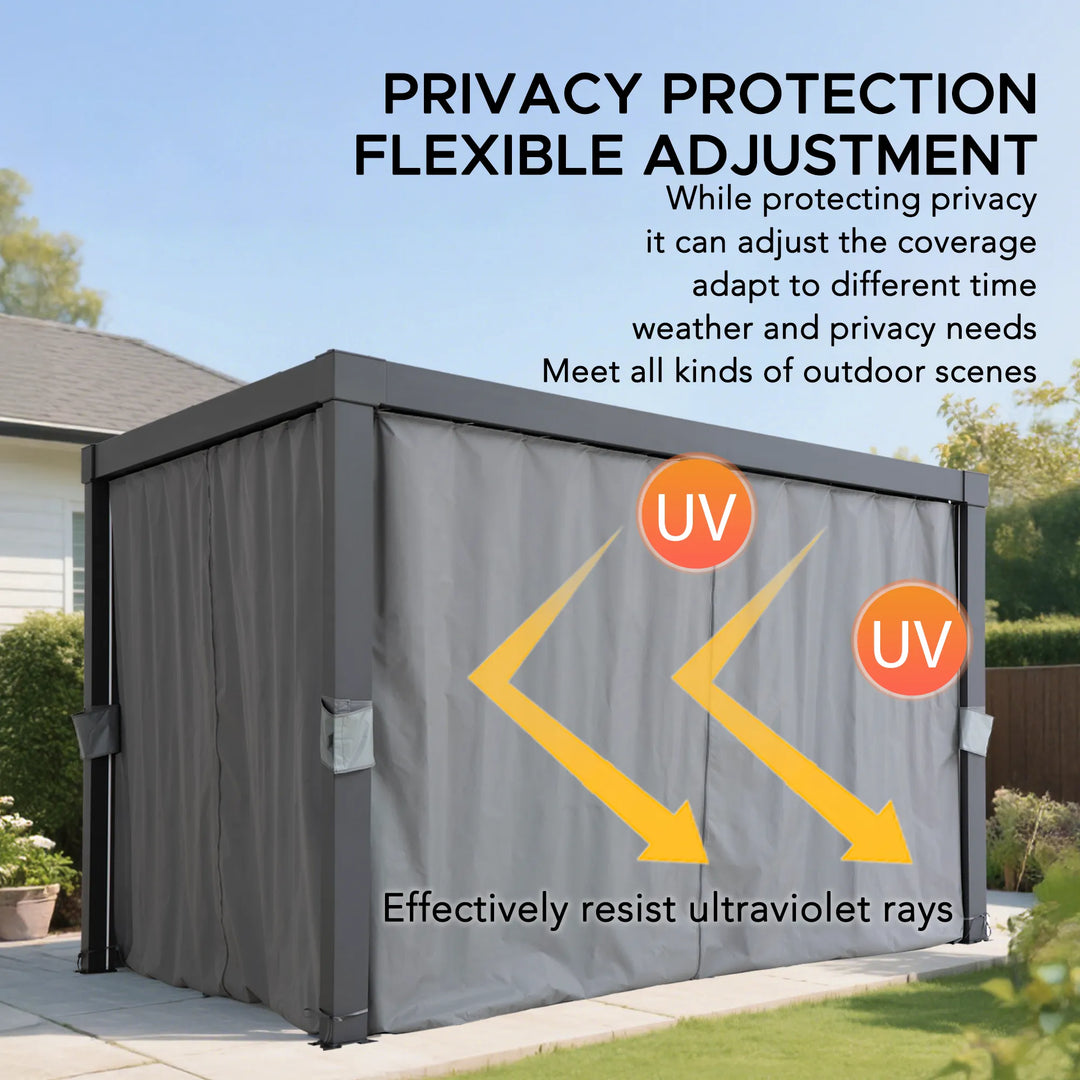Outdoor privacy screen with adjustable coverage and UV protection features.