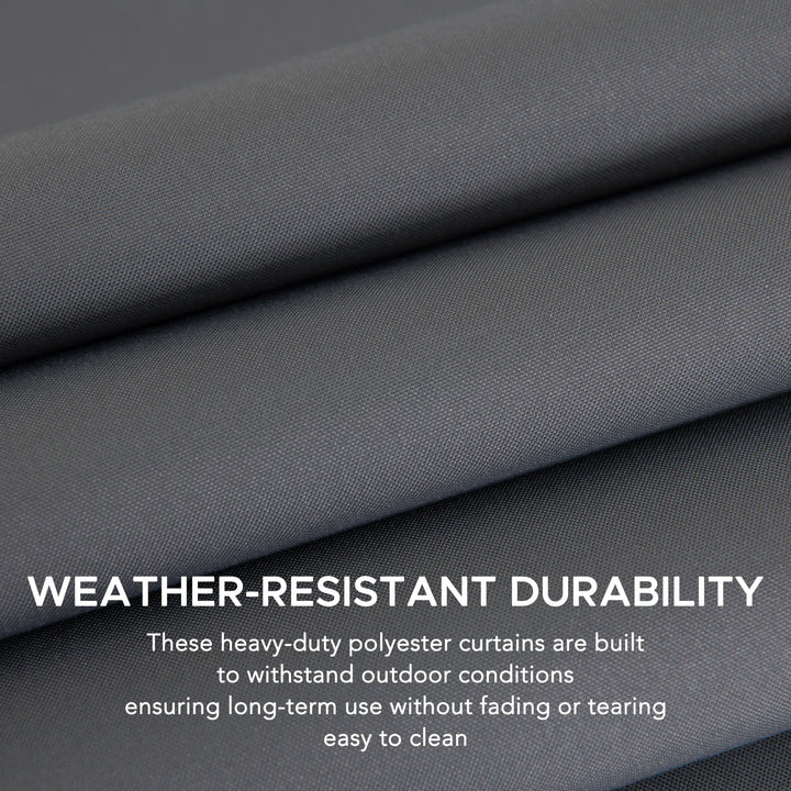 Dark gray fabric with text about weather-resistant durability