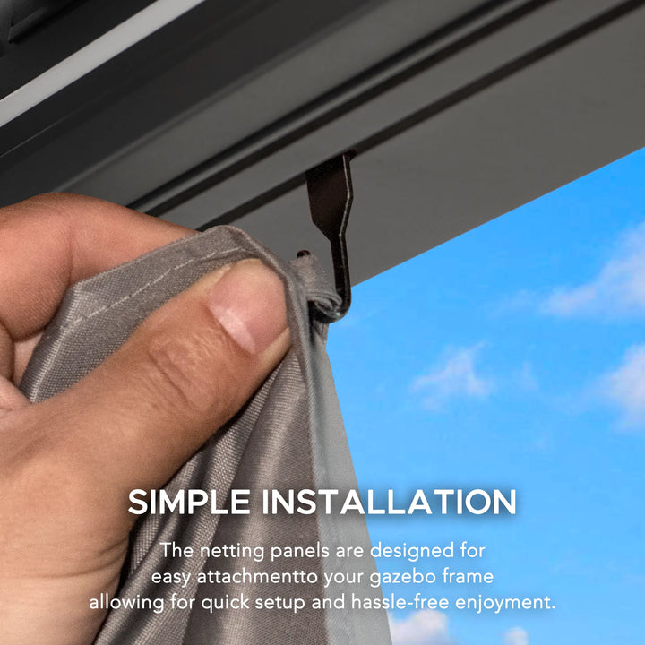 Hand attaching netting panels to a gazebo frame with text about simple installation.