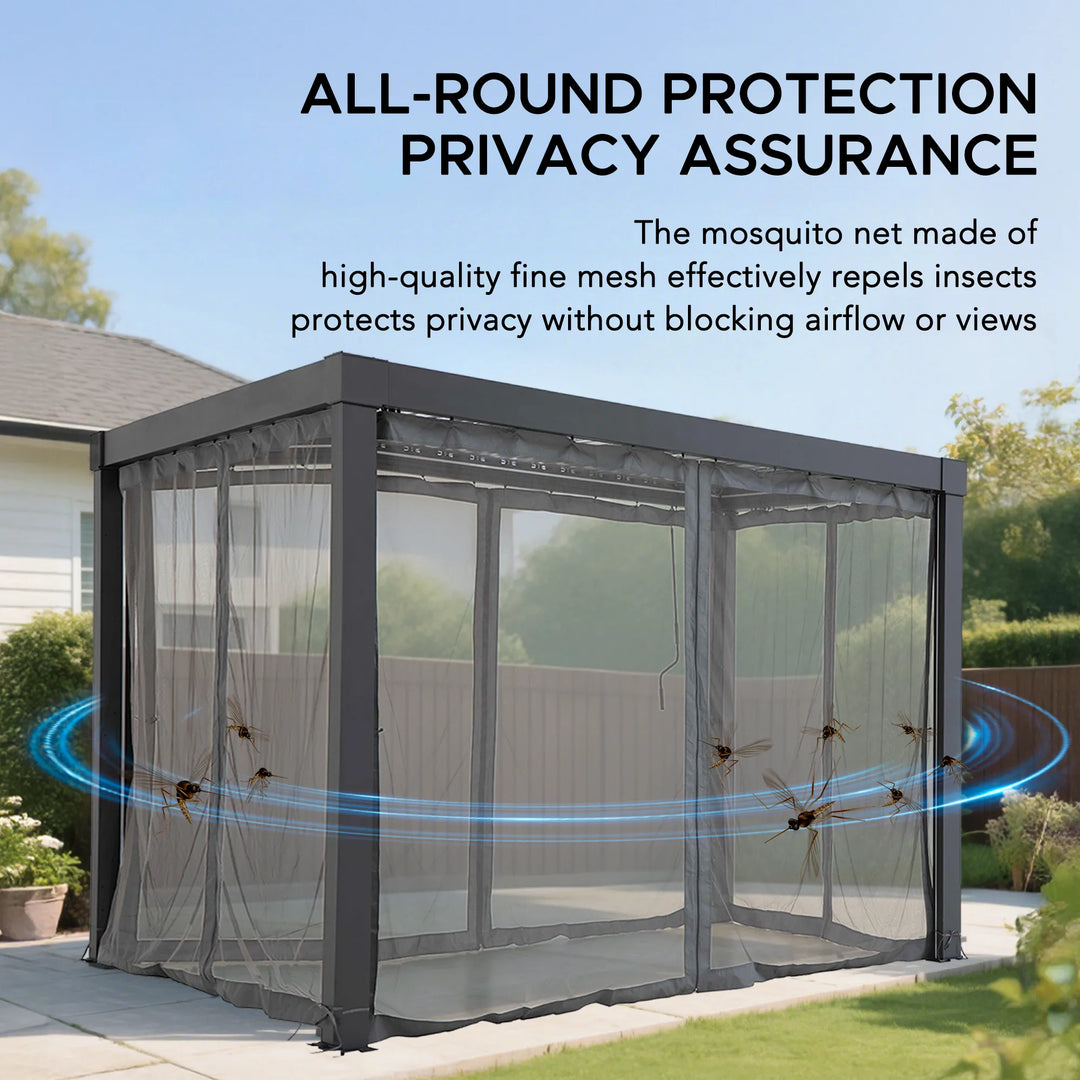 Mosquito net with text about all-round protection and privacy assurance in a garden setting.