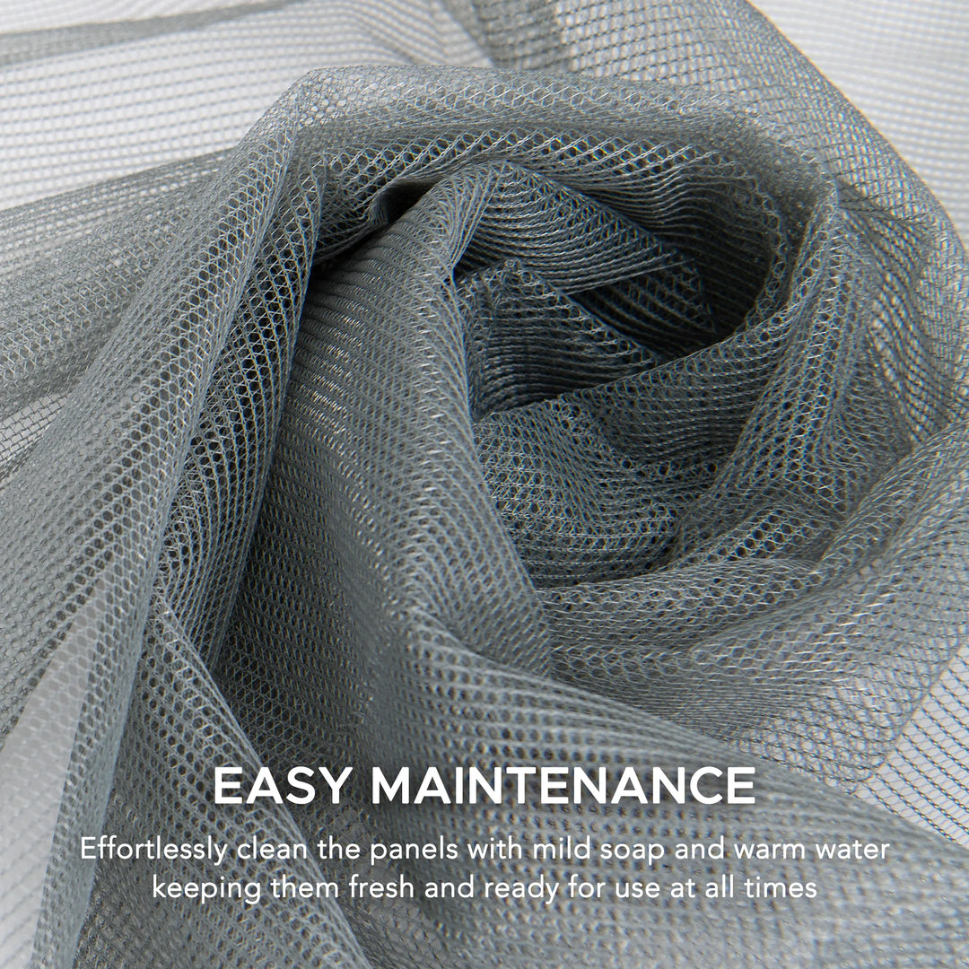 Close-up of gray mesh fabric with text about easy maintenance.