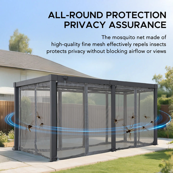 Outdoor enclosure with mosquito netting in a backyard setting, featuring text about protection and privacy.