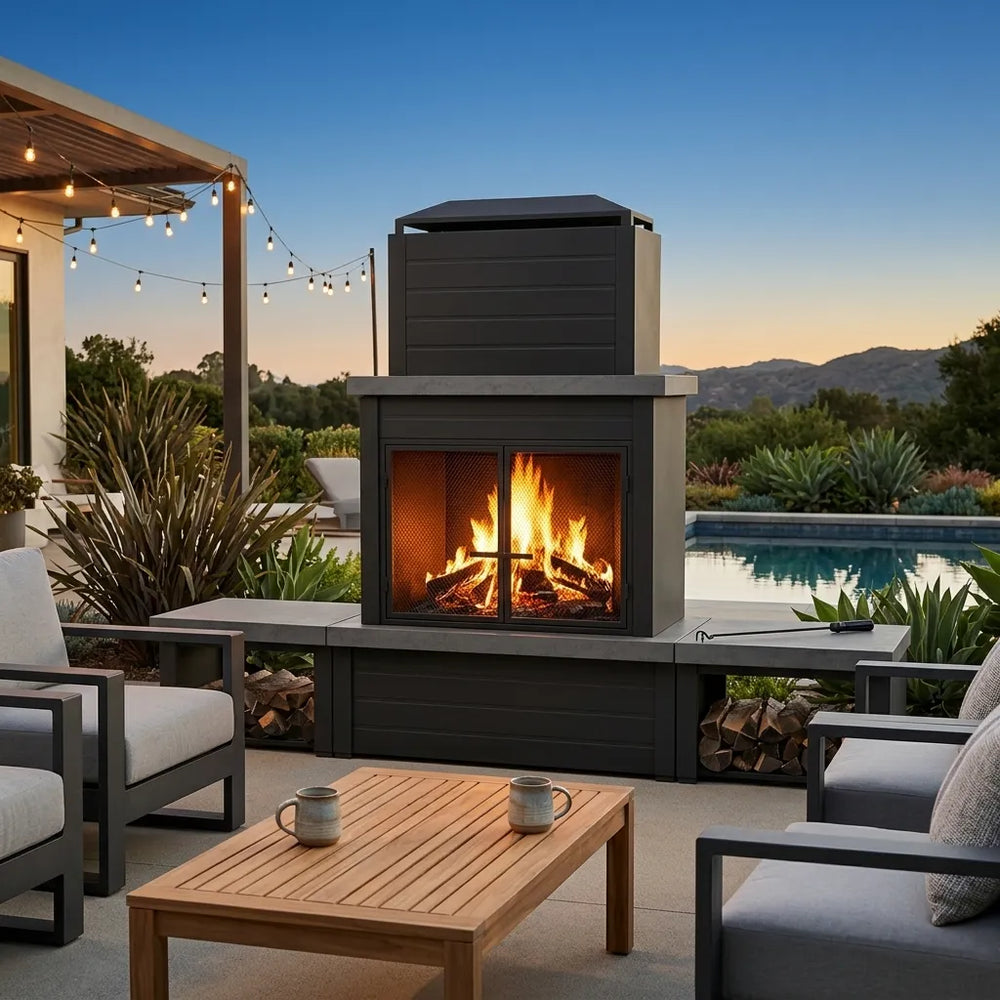 A modern outdoor fireplace with a wood-burning fire, set in a patio area with lounge chairs, a wooden coffee table, and a swimming pool at dusk.