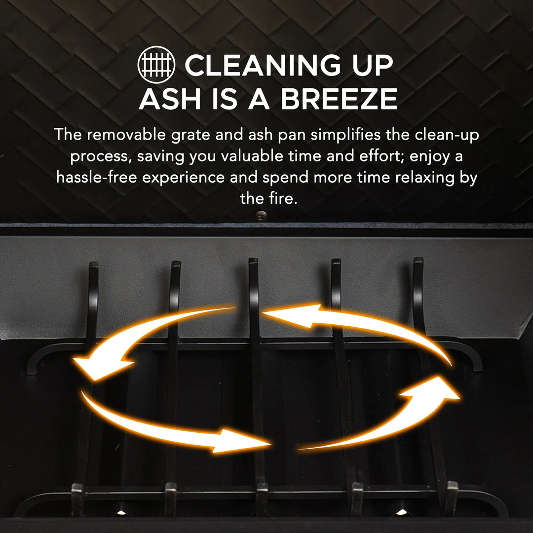 Advertisement for a fireplace with text about cleaning up ash and arrows indicating the removal of ash.