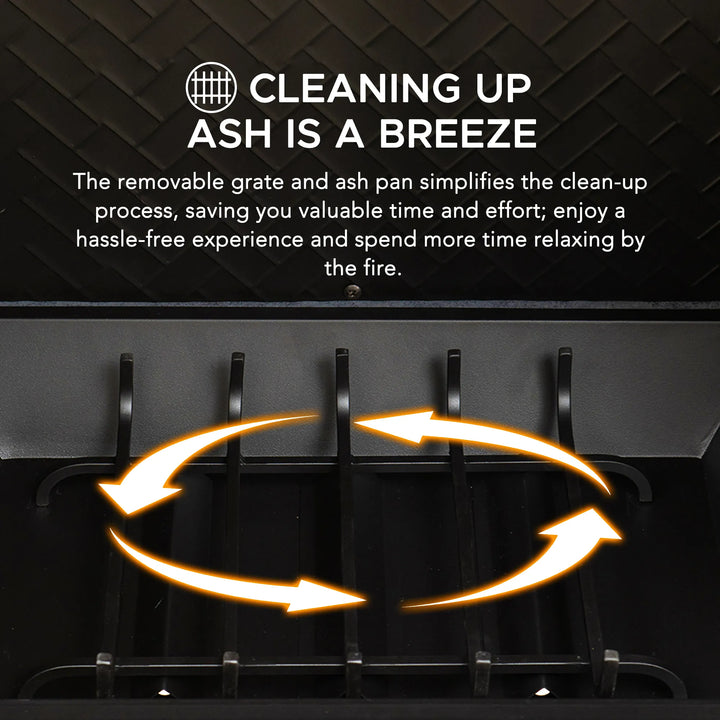 Advertisement for a fireplace with text about cleaning up ash and arrows indicating the removal of ash.