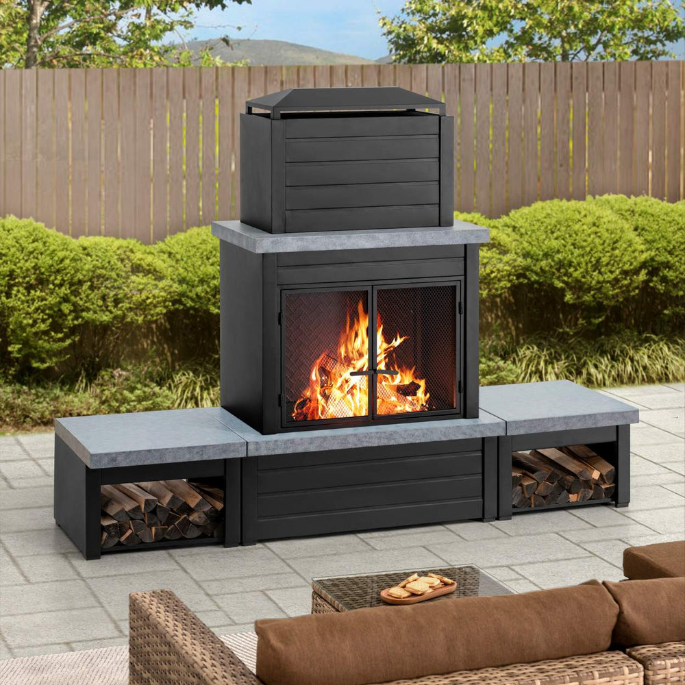 A304004840 Stahl Holzkamin VULTURE – 194 x 51 x 148 cm, mattschwarz