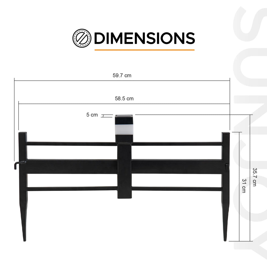 Dimensions of a black metal bracket with measurements on a white background