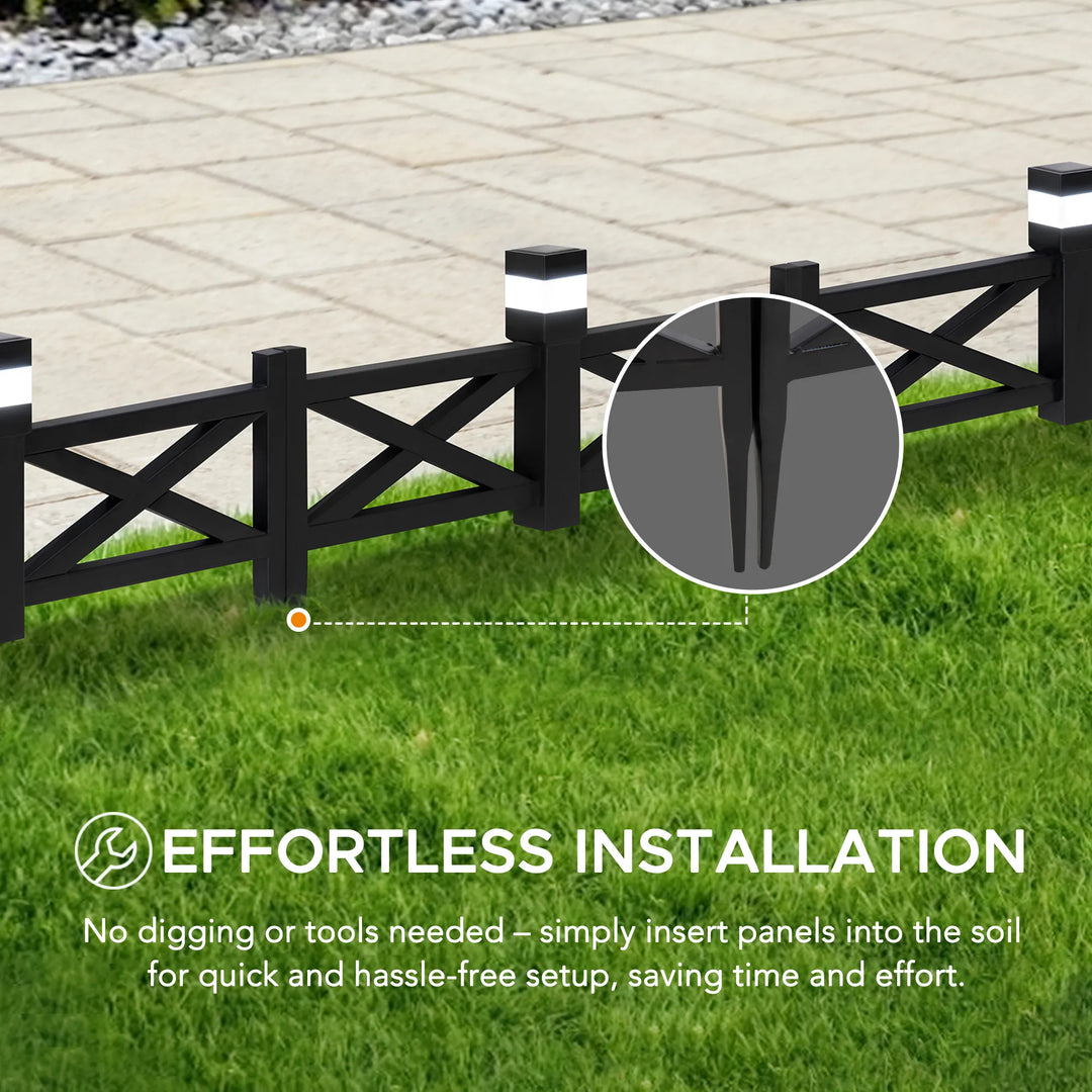 Black garden fence with solar lights on a grassy area, highlighting effortless installation.