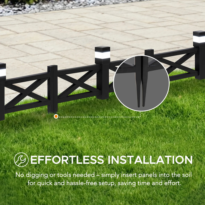 Black garden fence with solar lights on a grassy area, highlighting effortless installation.