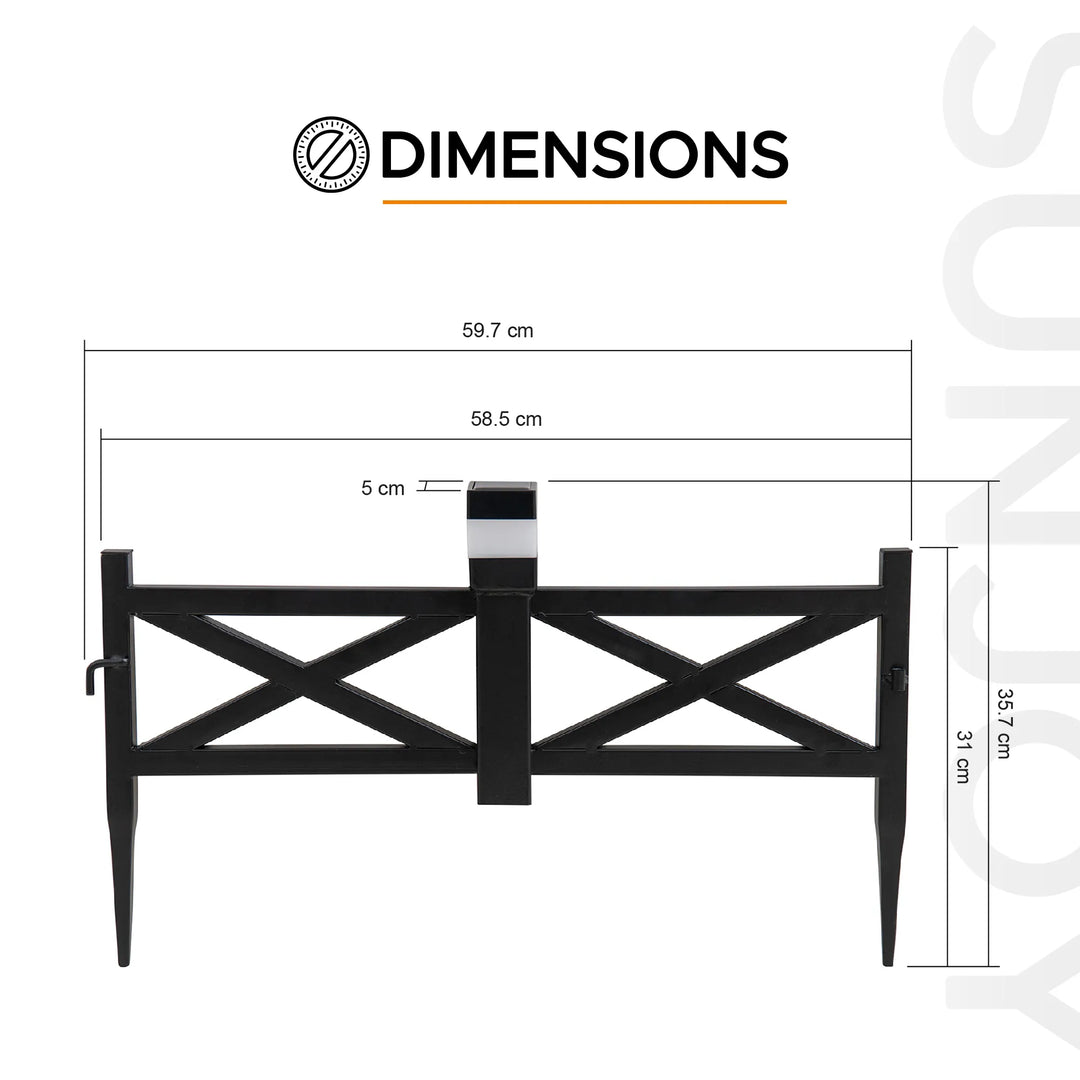 Dimensions of a black metal gate with measurements on a white background