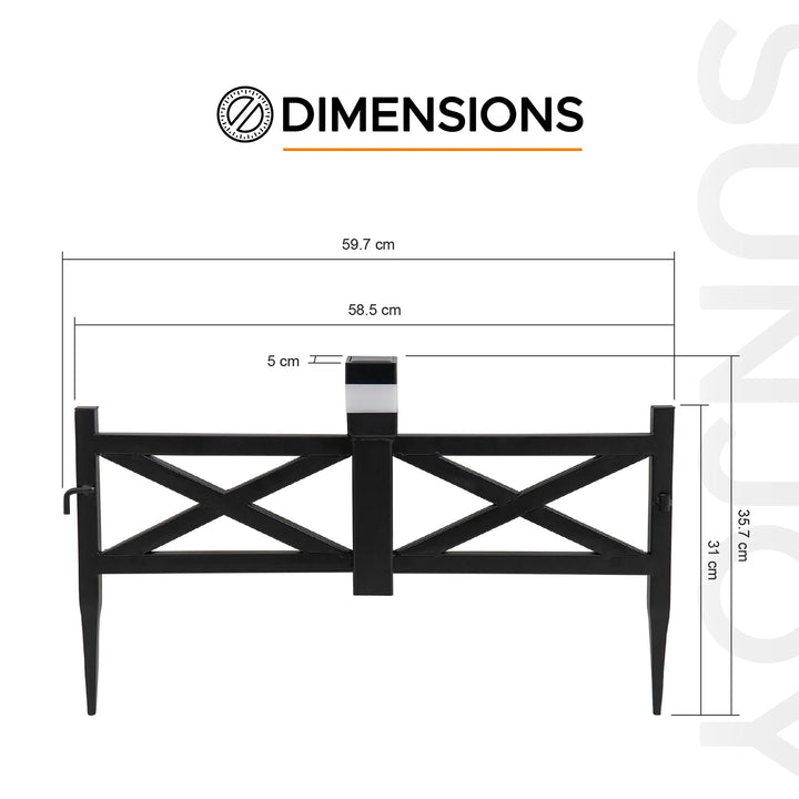 Dimensions of a black metal gate with measurements on a white background