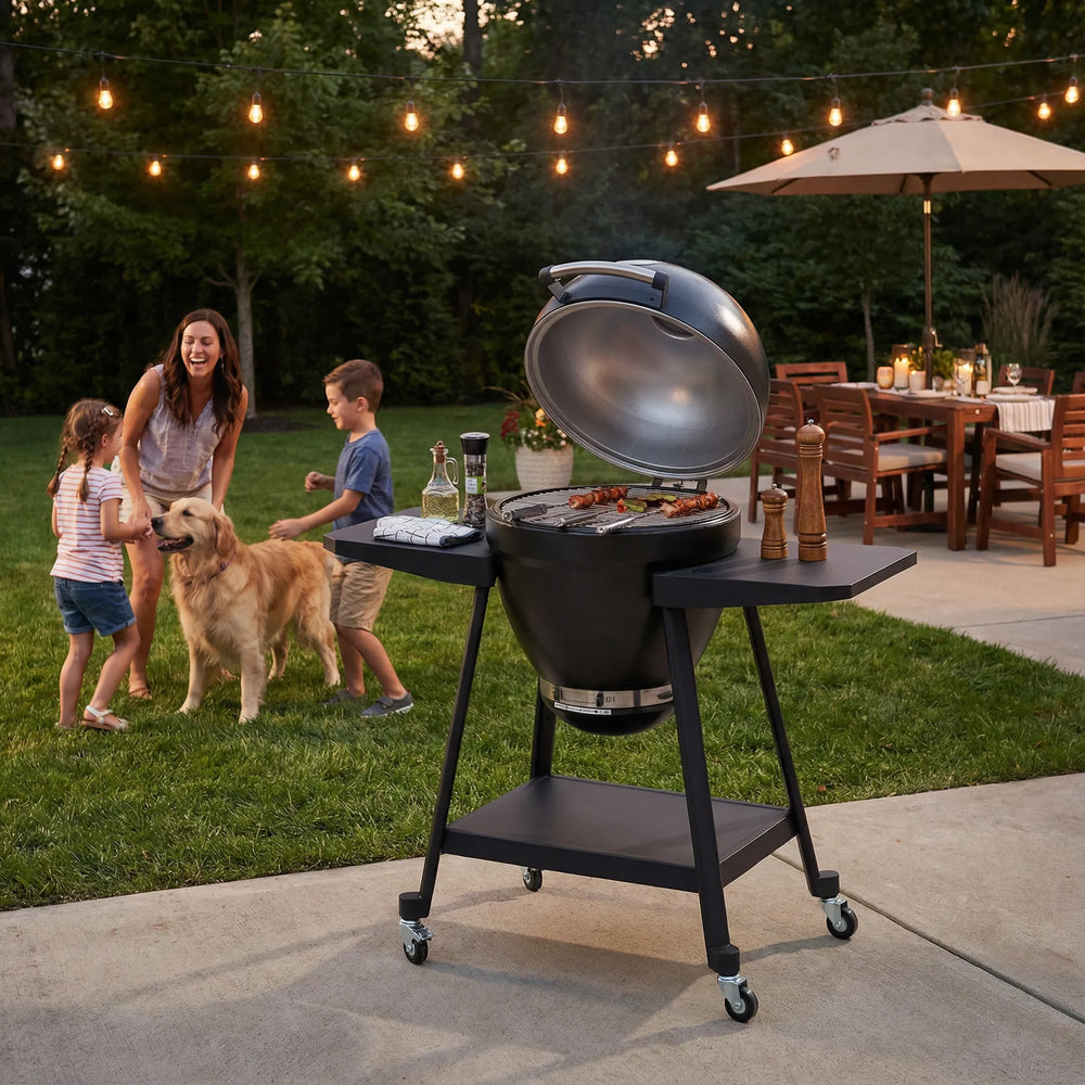 Outdoor setting with a grill cart, people, and a dog in a backyard.