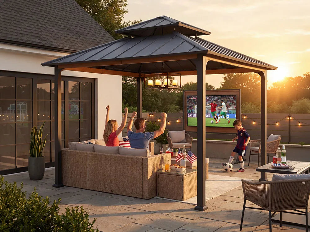 People watching TV in a backyard gazebo with outdoor furniture and drinks.