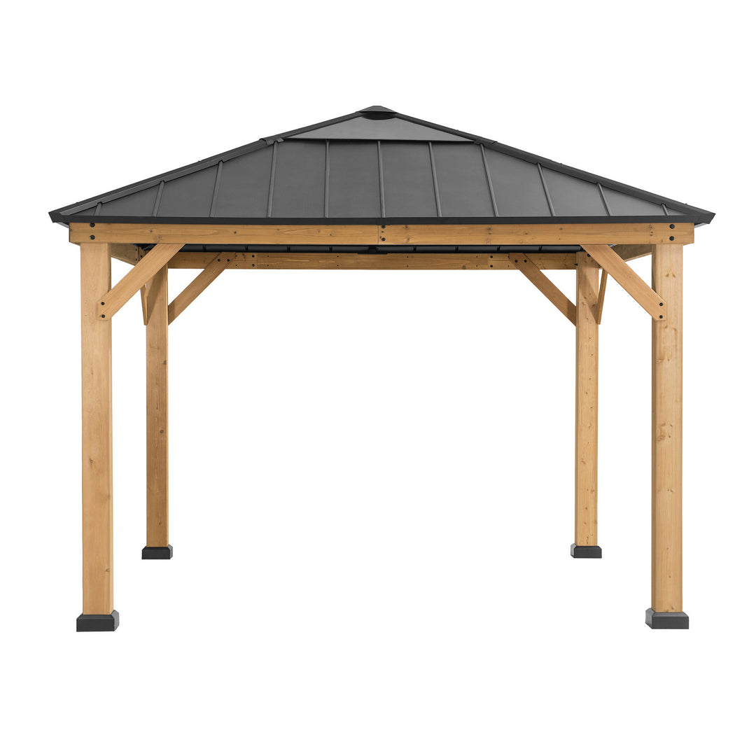 A wooden patio gazebo with a black metal roof, shown from a front-three-quarters angle on a solid white background.