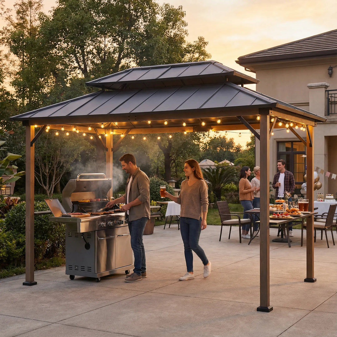 Wood Grill Gazebo with Electrical Outlets & Shelves - 360x240cm, Brown