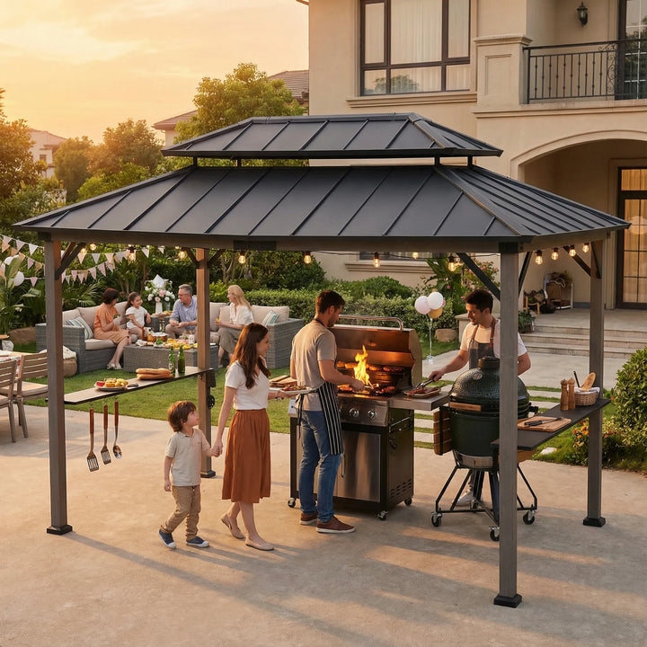 Wood Grill Gazebo with Electrical Outlets &amp; Shelves - 360x240cm, Anthracite