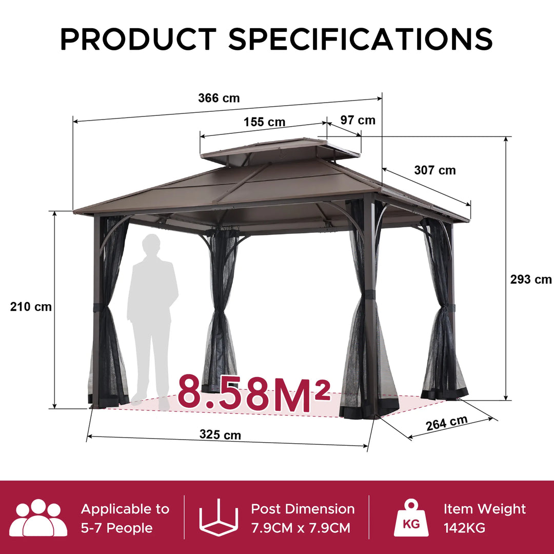 KALDI Steel Hardtop Gazebo with Mosquito Netting 307cm x 366cm