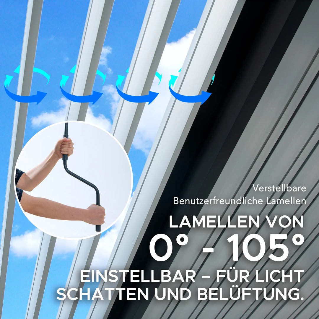 Pergola à lames Matterhorn avec éclairage LED solaire et système de drainage – 306 × 406 cm