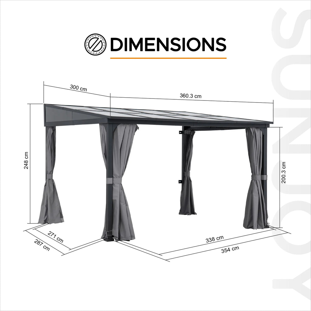 Steel Wall Gazebo MEIJE with Curtains and Net - 360cm x 300cm, Black