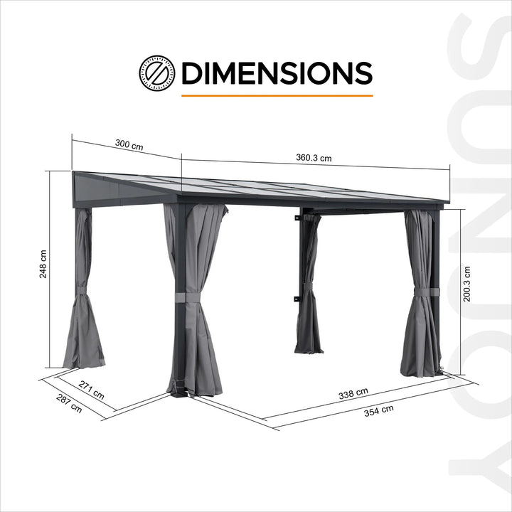 Steel Wall Gazebo MEIJE with Curtains and Net - 360cm x 300cm, Black