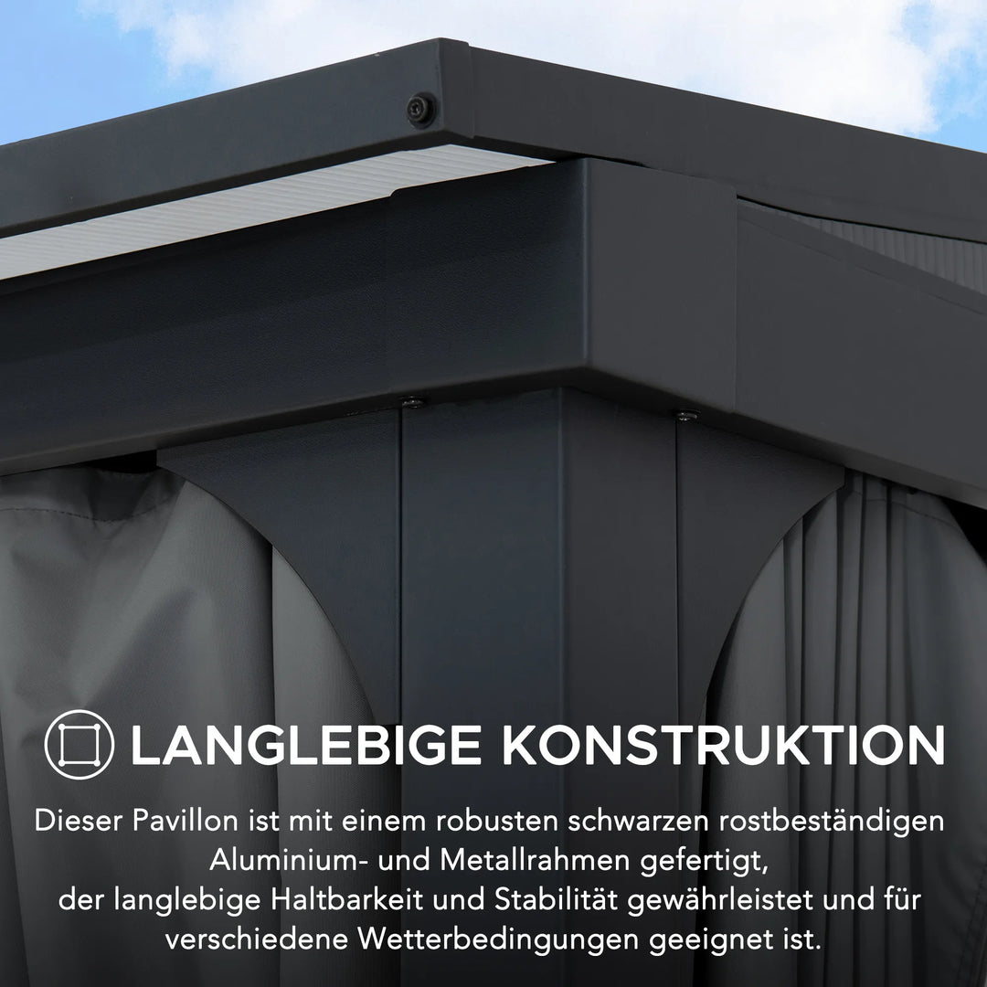 Steel Wall Gazebo MEIJE with Curtains and Net - 360cm x 300cm, Black
