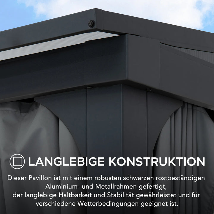 Steel Wall Gazebo MEIJE with Curtains and Net - 360cm x 300cm, Black