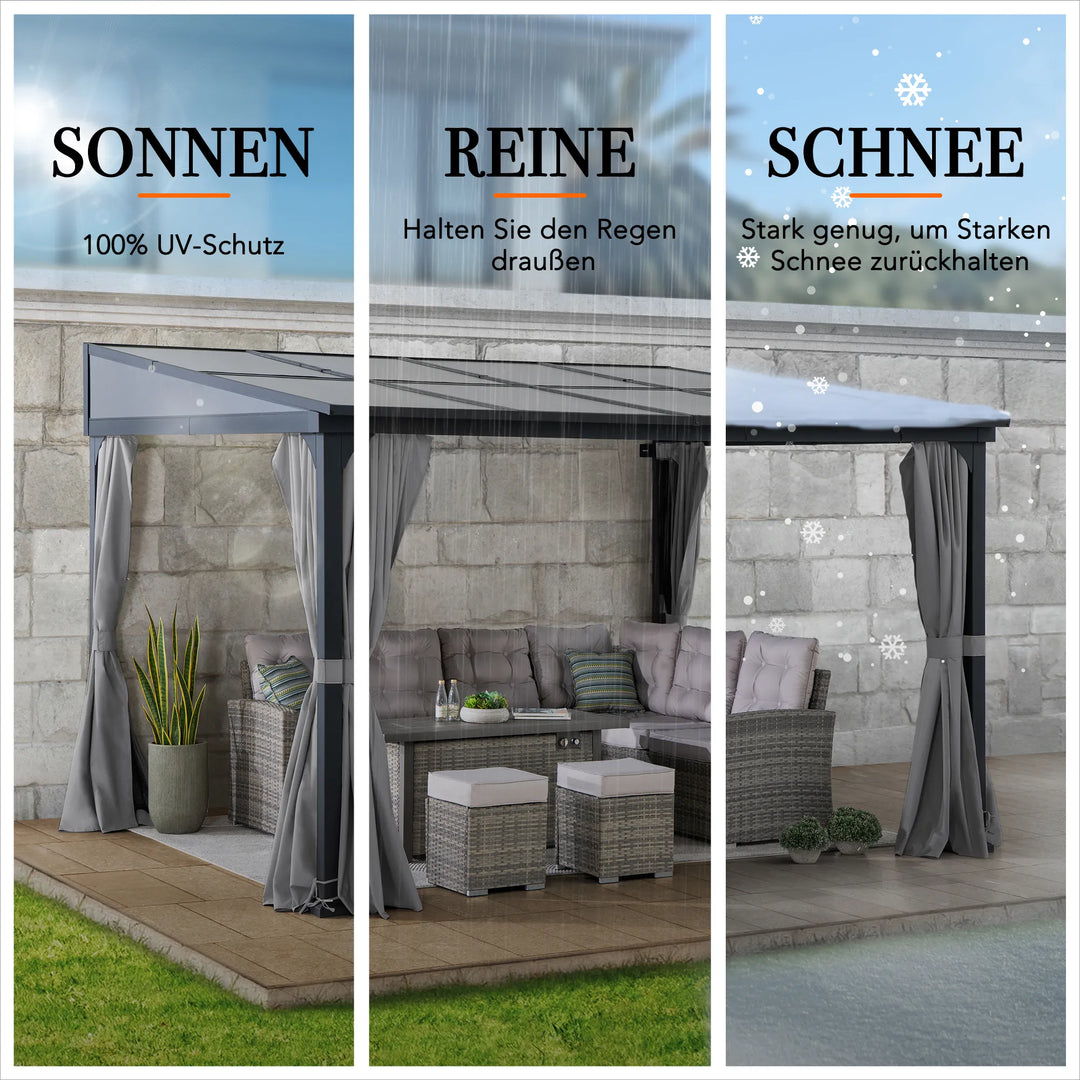 Steel Wall Gazebo MEIJE with Curtains and Net - 360cm x 300cm, Black