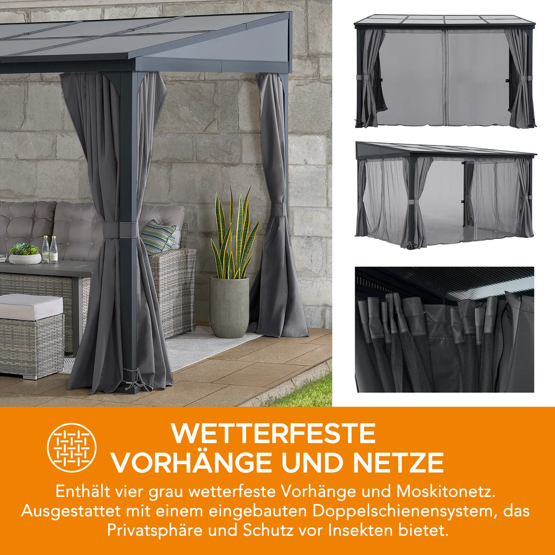 Steel Wall Gazebo MEIJE with Curtains and Net - 360cm x 300cm, Black