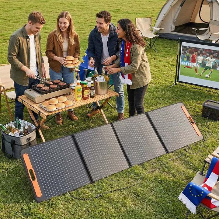 Group of people having a picnic with a solar panel on the grass