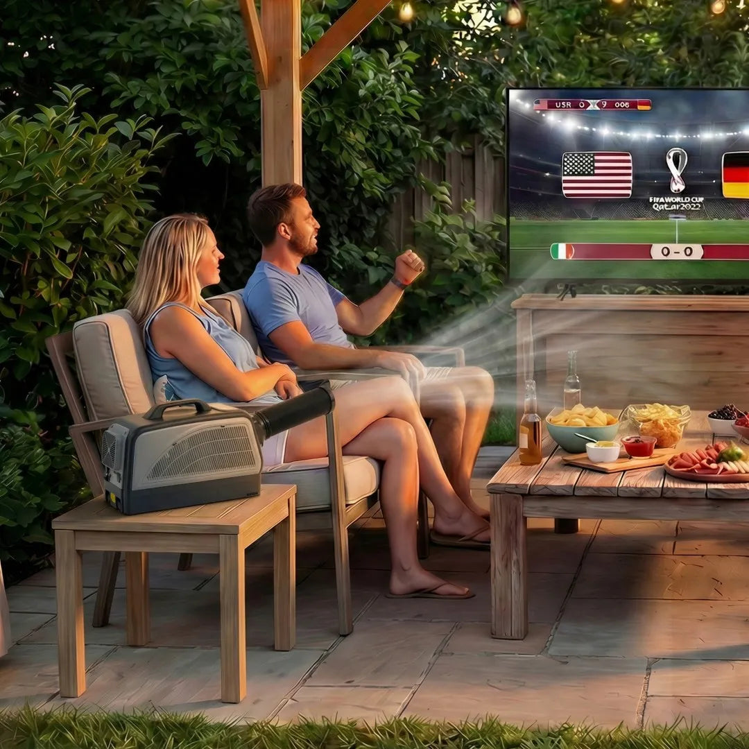 Couple watching a sports game on a portable outdoor screen in a garden setting.