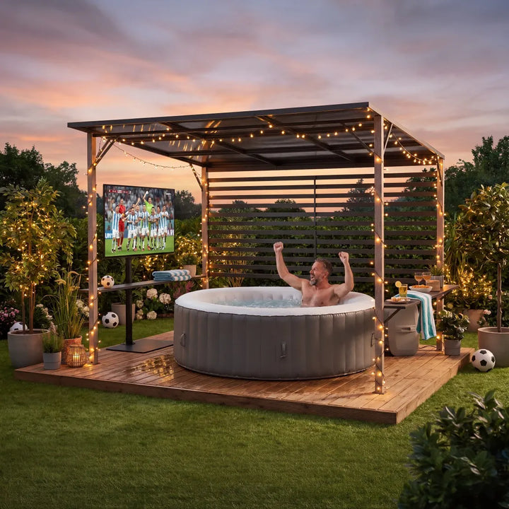 Man in a hot tub watching TV under a wooden pergola with string lights at sunset.