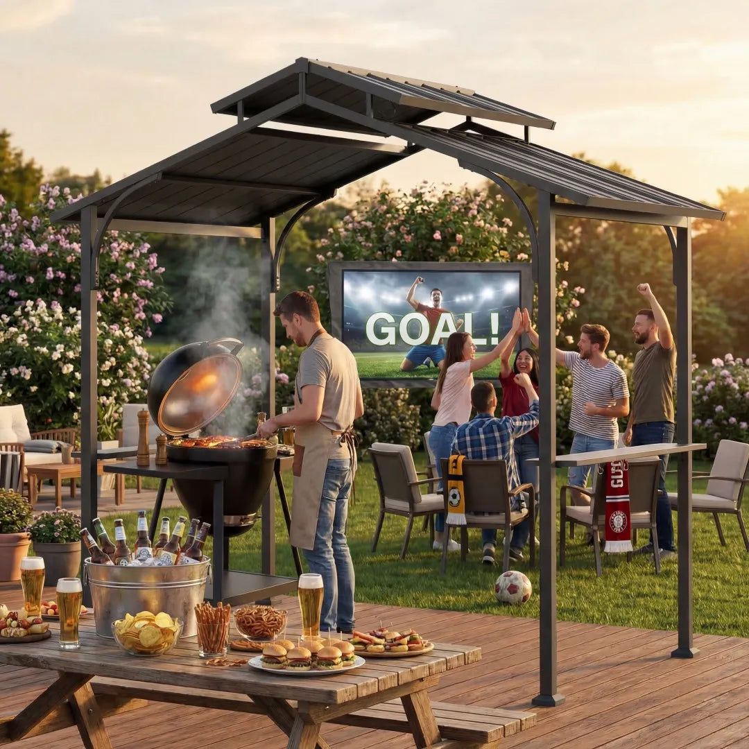 Outdoor patio with barbecue, drinks, and people watching a soccer game on a screen.