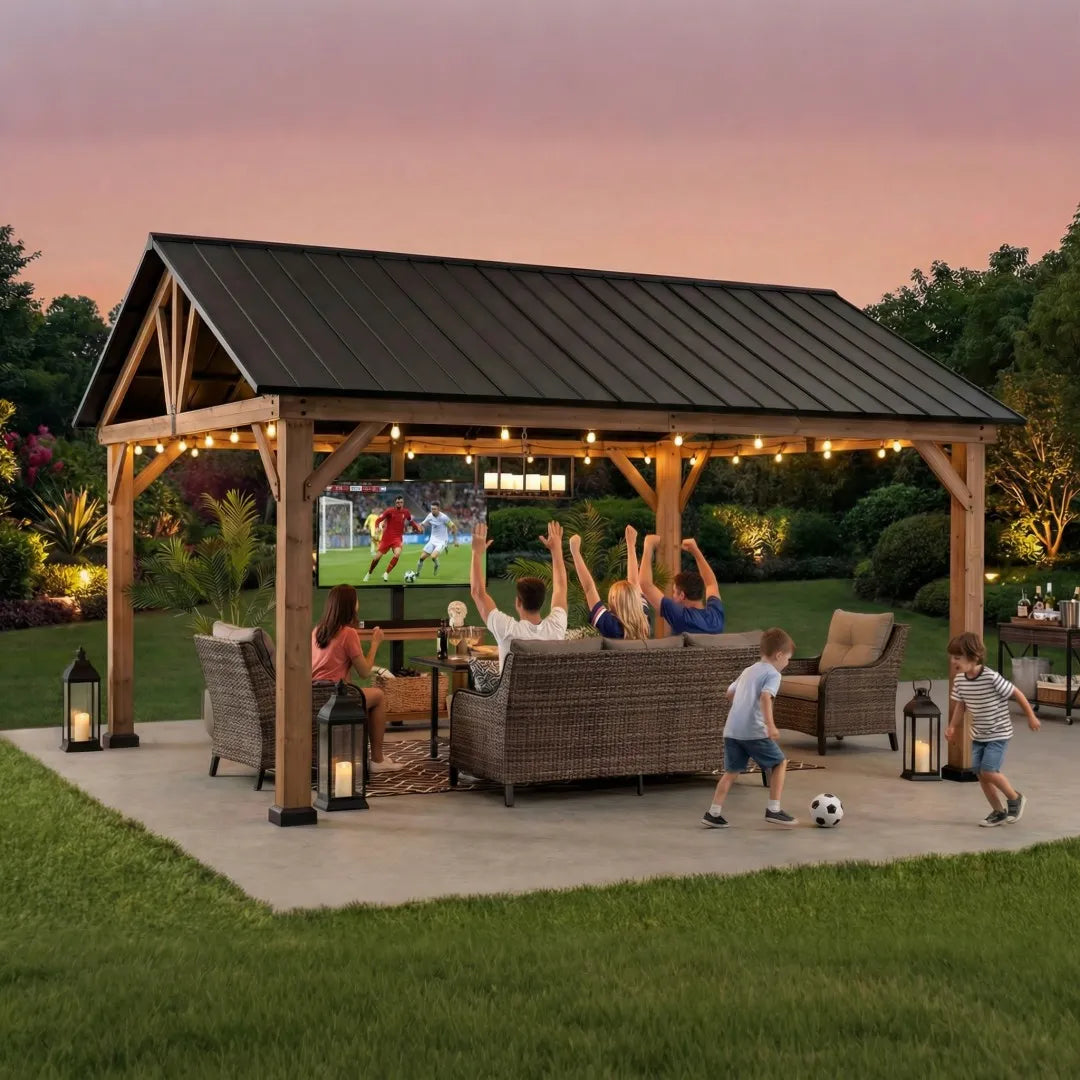 People watching sports on a screen in a wooden pavilion with outdoor furniture.