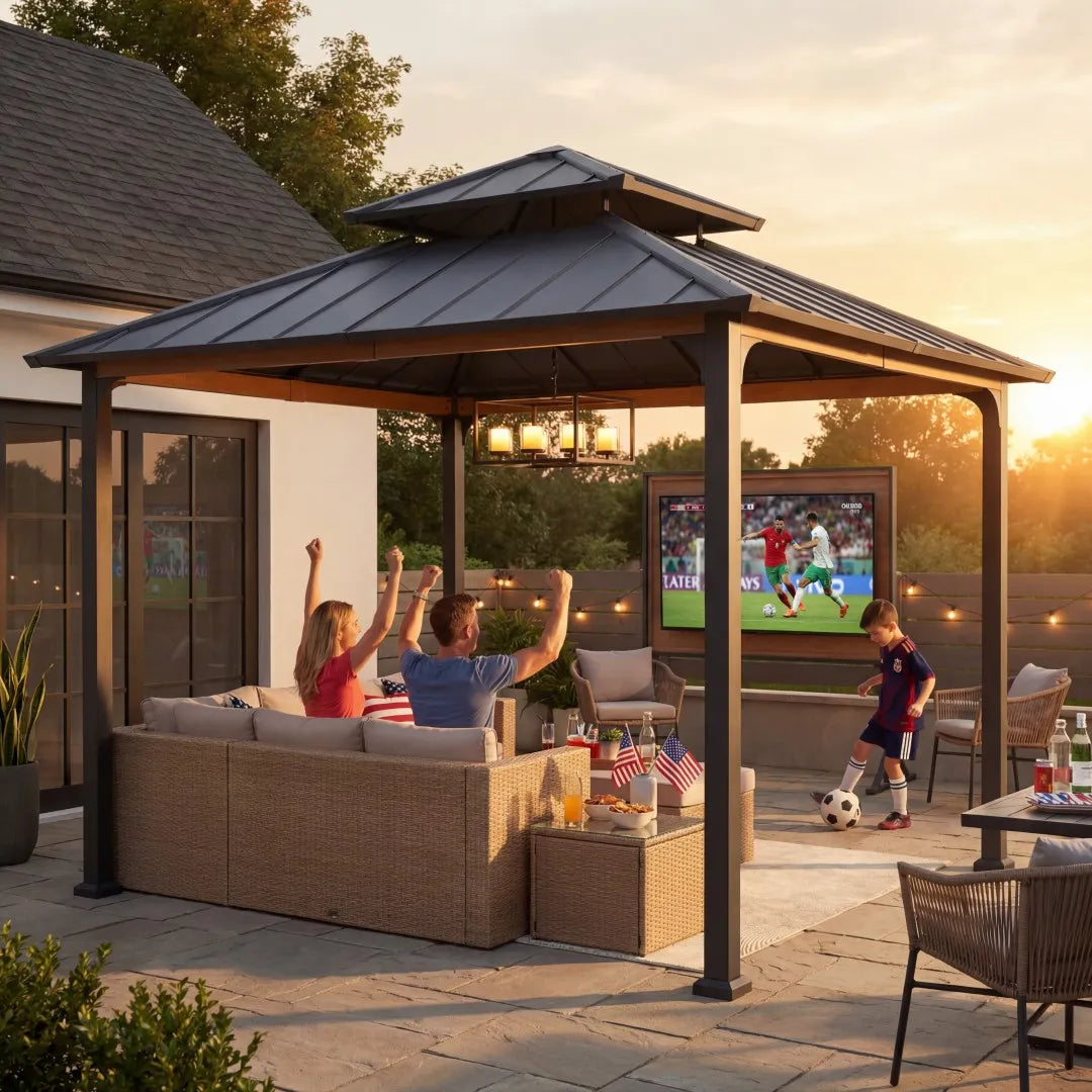 Family watching sports on a screen in an outdoor gazebo with sunset in the background
