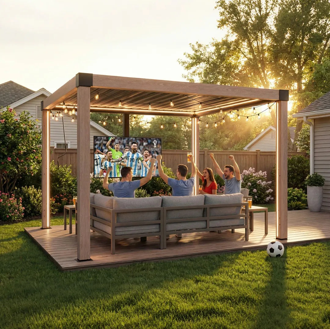 SUNJOY Matterhorn Louvered Pergola with Solar LED Lights - 306cm x 306cm, Woodgrain