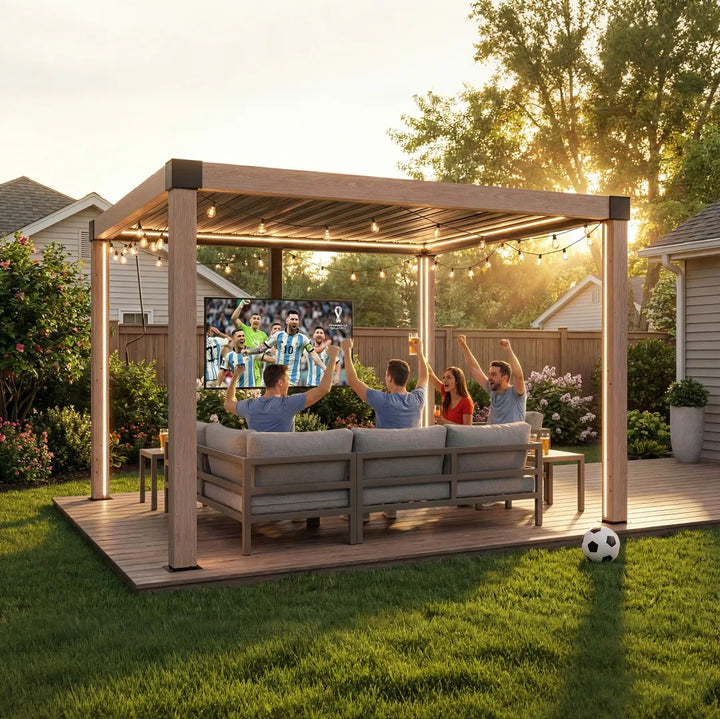 SUNJOY Matterhorn Louvered Pergola with Solar LED Lights - 306cm x 306cm, Woodgrain
