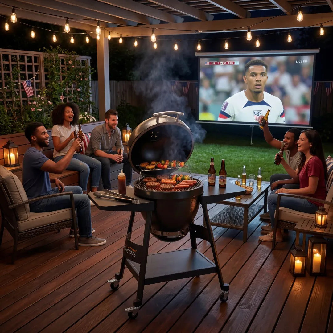 People enjoying a barbecue on a deck with a large screen displaying a sports event.