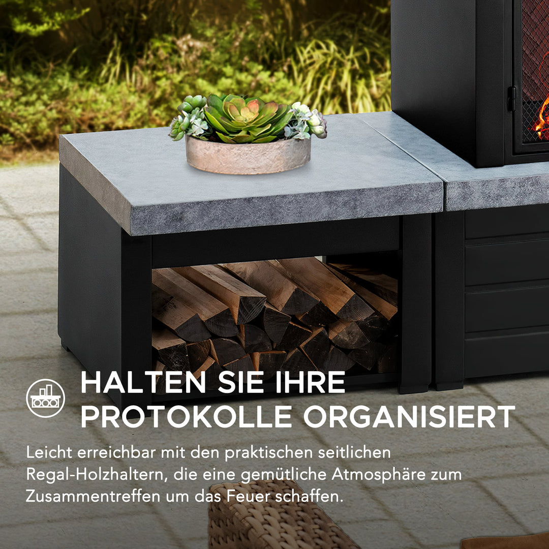 Stahl Holzkamin VULTURE – 194 x 51 x 148 cm, mattschwarz