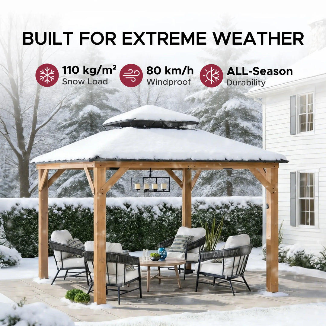 Wood Gazebo with Solar LED Light - 330cm x 330cm, Anthracite